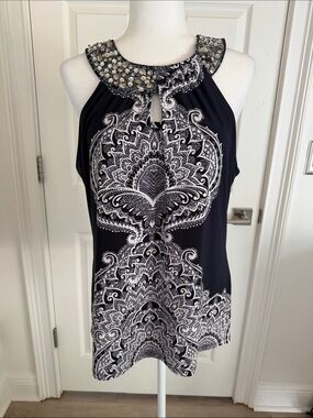 INC International Concepts Black and White Embellished Halter Top